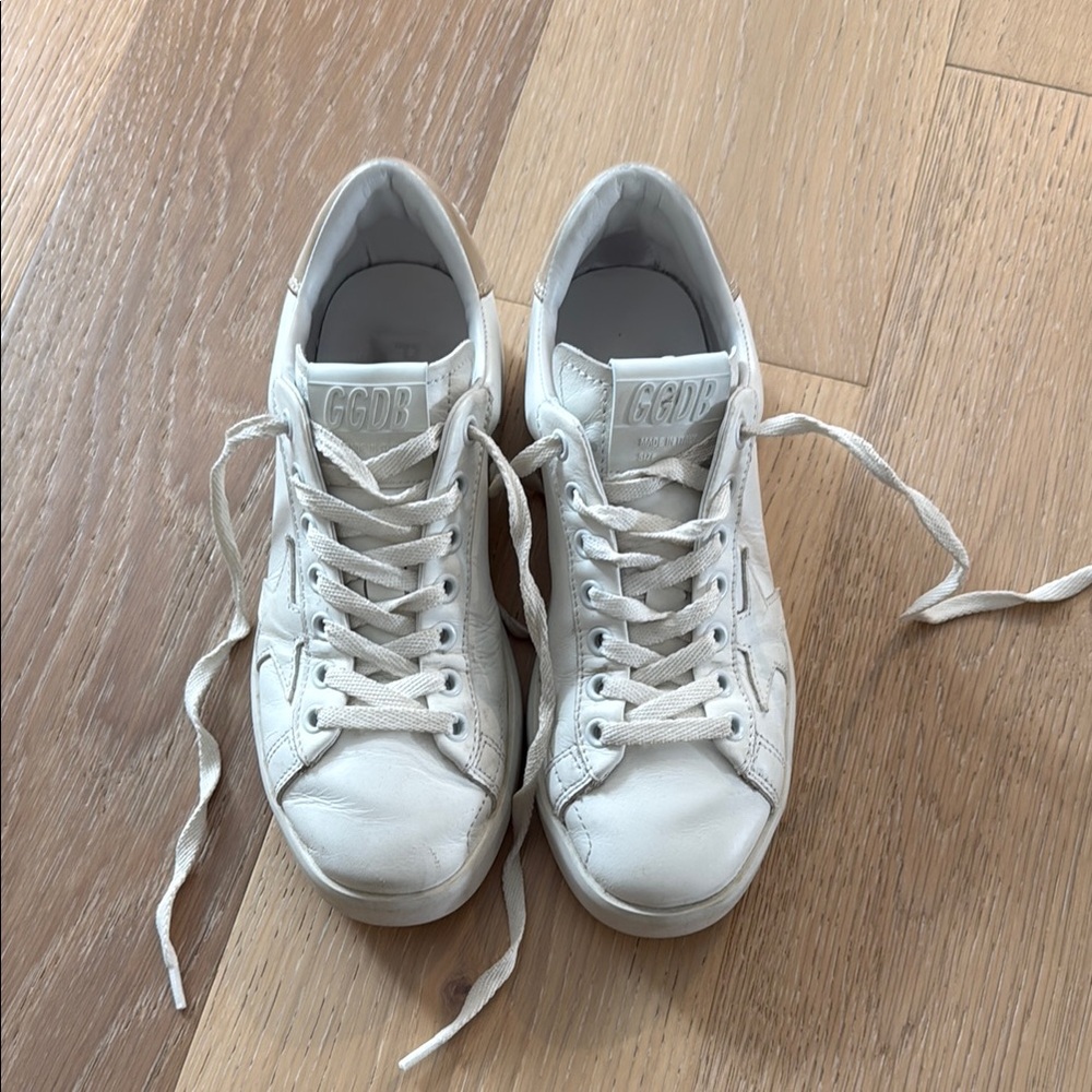 Golden Goose White and Tan Sneakers